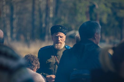 Reconstruction of the Second World War. Russian partisan commander. The Great Patriotic War. Liberation of Odessa. Zelenograd Russia April 18, 2021