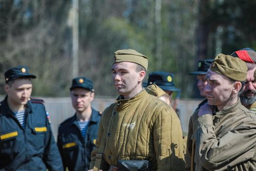Reconstruction of the Second World War. A detachment of Russian soldiers. The Great Patriotic War. Liberation of Odessa. Zelenograd Russia April 18, 2021