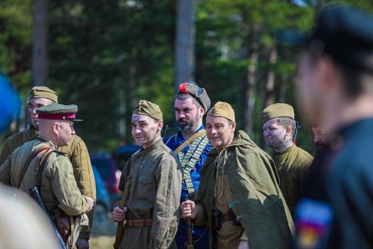 Reconstruction of the Second World War. A detachment of Russian soldiers. The Great Patriotic War. Liberation of Odessa. Zelenograd Russia April 18, 2021