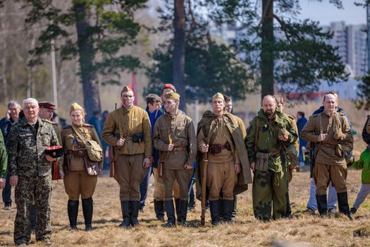 Reconstruction of the Second World War. A detachment of Russian soldiers. The Great Patriotic War. Liberation of Odessa. Zelenograd Russia April 18, 2021