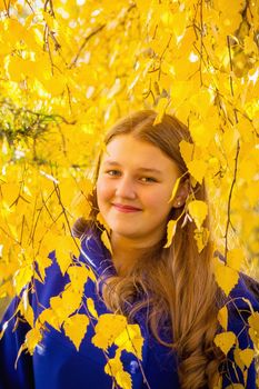 A young girl walks in the autumn park, stands behind a tree. The trees have yellow leaves.