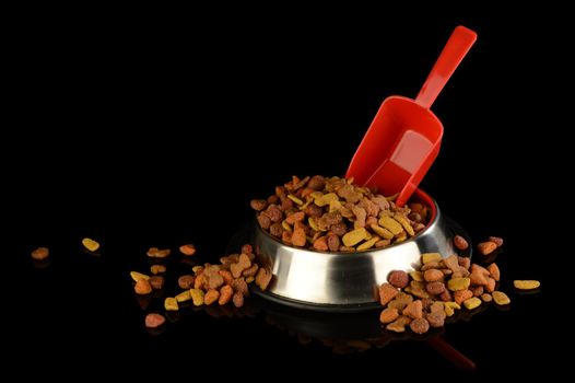 A dish full of overflowing kibbles for the loving dog companion isolated on black reflective background.