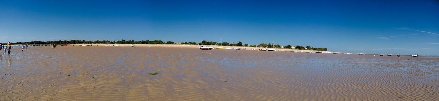 Panorama of people looking for crustaceans at low tide in Les Portes-en-Ré on the isle of ile de re in France and some boats laying on the sand. and al lot of sand in the foreground
