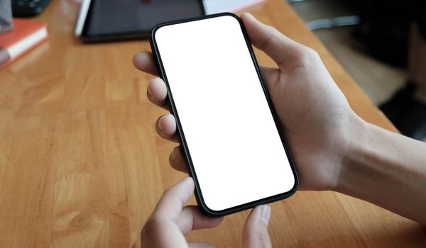 Cropped view of young woman holding smartphone with blank screen area for your internet