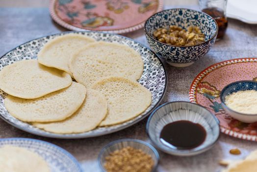 Beautiful traditional Moorish porcelain ceramic plates. illustrated middle eastern design. Marrakech Morocco. High quality photo