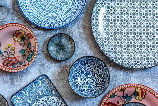 Beautiful traditional Moorish porcelain ceramic plates. illustrated middle eastern design. Marrakech Morocco. High quality photo