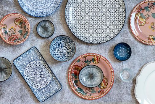 Beautiful traditional Moorish porcelain ceramic plates. illustrated middle eastern design. Marrakech Morocco. High quality photo