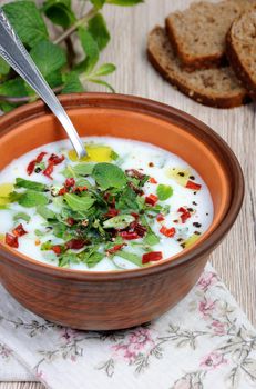 Refreshing сold summer soup the rice, mint and yoghurt, spices.  