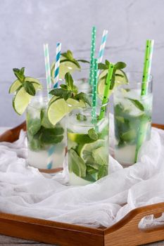 Refreshing infused water with cucumber, mint and lime. Summer drink cocktail lemonade. Healthy drink and detox concept