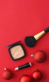 Cosmetic branding, fashion blog cover and girly glamour concept - Make-up and cosmetics product set for beauty brand Christmas sale promotion, luxury red flatlay background as holiday design