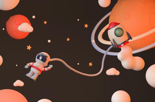 Astronaut and rocket 3D rendering in the stratosphere , star ,gravity,cute
