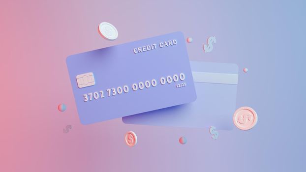 Debit or credit Card money coins isometric 3d rendering background . geometric compoaition,coin  