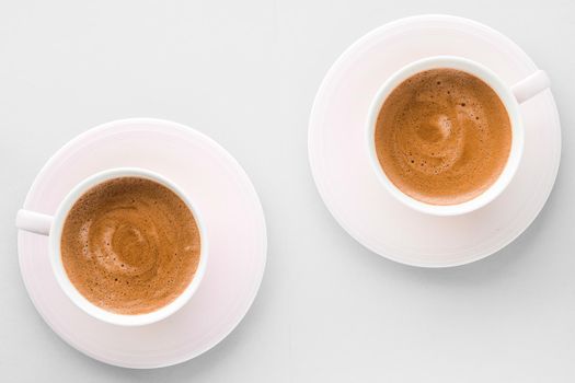 Drinks menu, italian espresso recipe and organic shop concept - Cup of hot french coffee as breakfast drink, flatlay cups on white background