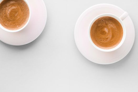 Drinks menu, italian espresso recipe and organic shop concept - Cup of hot french coffee as breakfast drink, flatlay cups on white background