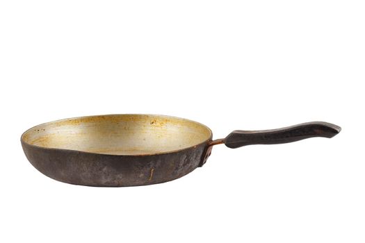 old stained aluminium pan with burnt fat isolated in white background.