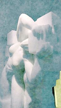 Jukkasjarvi, Sweden, February 27, 2020. one of the sculptures of the ice hotel. Digital watercolors painting.