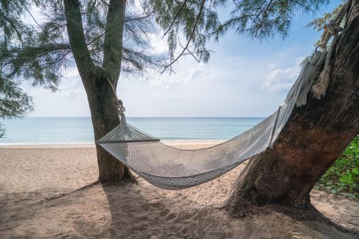Hammock swing between trees on a tropical island with beautiful beach.