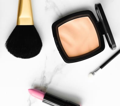 Make-up and cosmetics products on marble, flatlay background - modern feminine lifestyle, beauty blog and fashion inspiration concept