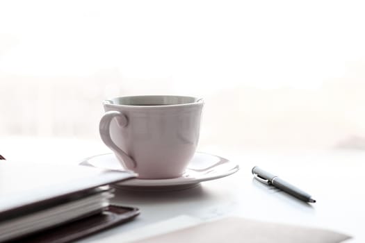 Modern workspace, business and corporate lifestyle concept - Office table desk and coffee cup, productivity