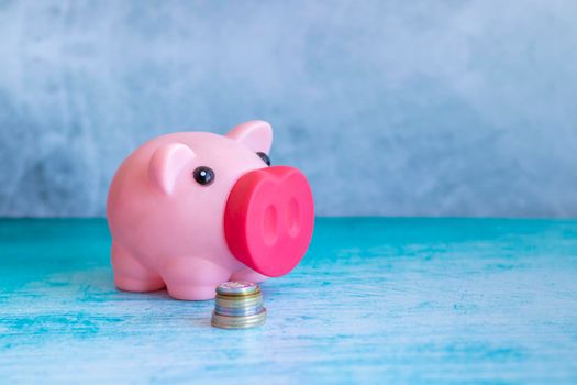 Pink piggy bank with coins