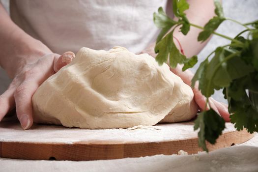 Women's hands knead the dough from wheat flour