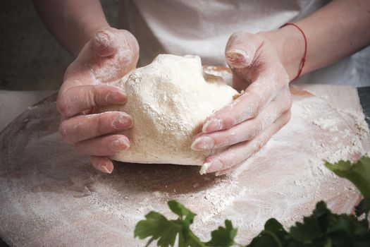 Women's hands knead the dough from wheat flour