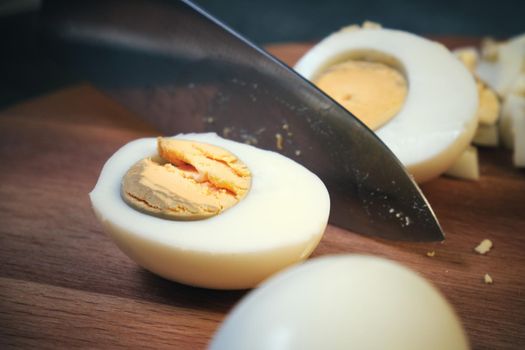 Chicken eggs on a cutting board