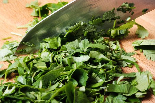 Chopping parsley on a cutting board