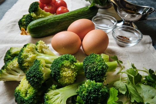 Tomatoes, cucumbers, eggs, cabbage, spices and herbs