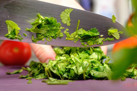 Slicing tomatoes on a cutting board with a knife