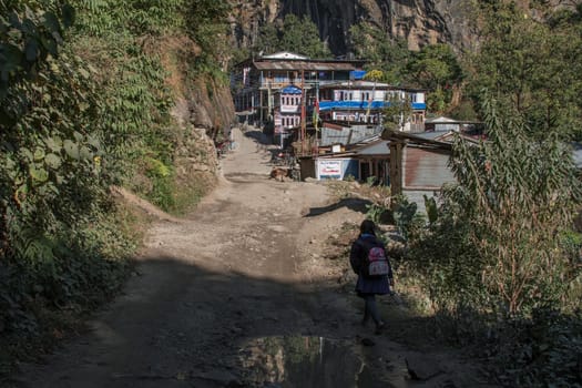 Young girl walking into a small mountain village, Annapurna circuit, Nepal