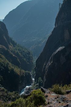 Marshyangdi river flowing through the gorge valley, Lamjung district, Annapurna circuit, Nepal