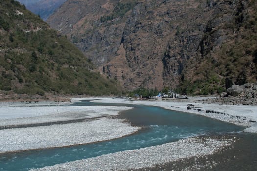 Mountain village Tal by Marshyangdi river along Annapurna circuit, Nepal