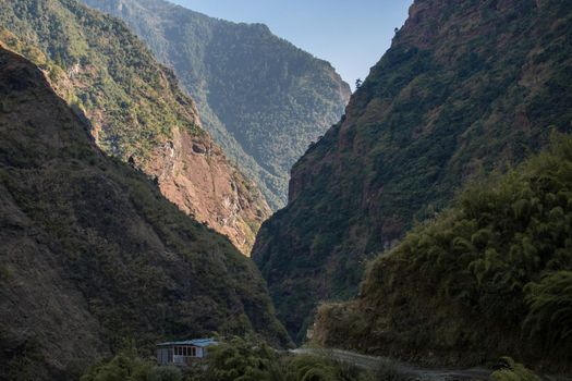 Mountains by the Marshyangdi river gorge valley along Annapunra circuit, Himalaya, Nepal, Asia