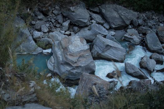 Beautiful marshyangdi river flowing peacefully through a valley, Annapurna circuit, Nepal