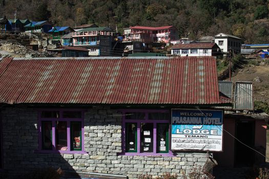 Mountain village tea houses in Temang along Annapurna circuit, Himalaya, Nepall, Asia