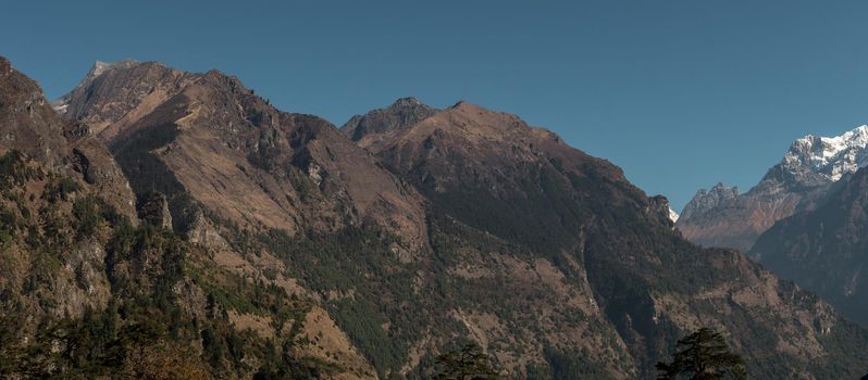 Panorama of nepalese mountain ranges along Annapurna circuit, Himalaya, Nepal, Asia