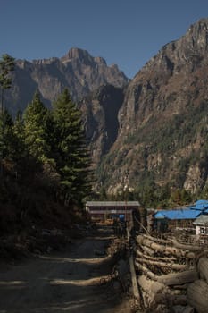 Trekking Annapurna circuit past mountain village and tea houses, Lamjung district, Himalaya, Nepal, Asia