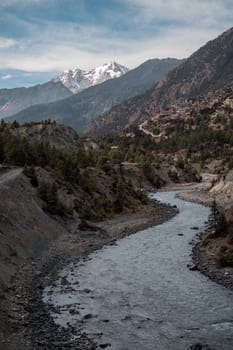 Marshyangdi river valley by Upper Pisang village and surrounding mountains, Annapurna circuit, Himalaya, Nepal, Asia