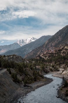 Marshyangdi river valley by Upper Pisang village and surrounding mountains, Annapurna circuit, Himalaya, Nepal, Asia