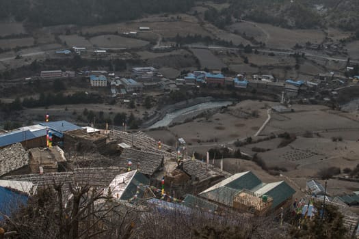 View over Lower and Upper Pisang by Marshyangdi river, trekking Annapurna circuit, Nepal