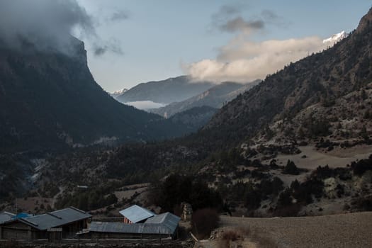 Mountains surrounding Upper Pisang, over Marshyangdi river, Annapurna circuit, Nepal