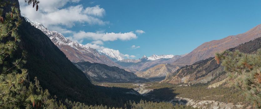 Panorama of mountains trekking Annapurna circuit, Marshyangdi river valley, Humde, Himalaya, Nepal, Asia