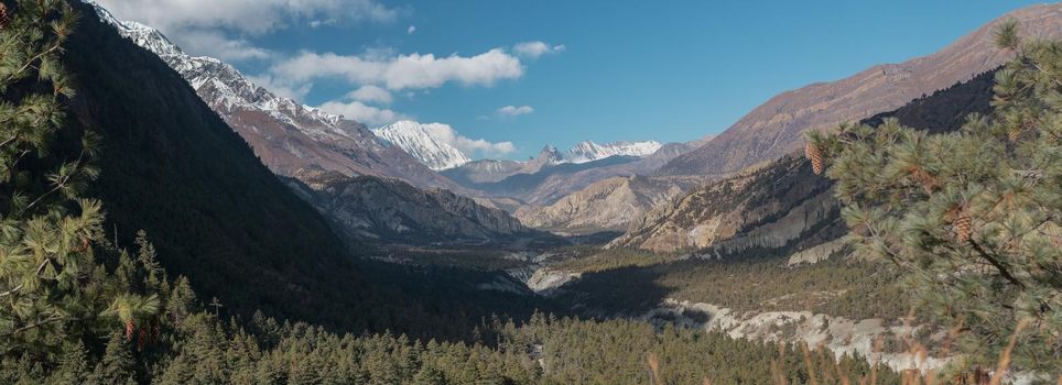 Panorama of mountains trekking Annapurna circuit, Marshyangdi river valley, Humde, Himalaya, Nepal, Asia