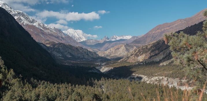 Panorama of mountains trekking Annapurna circuit, Marshyangdi river valley, Humde, Himalaya, Nepal, Asia