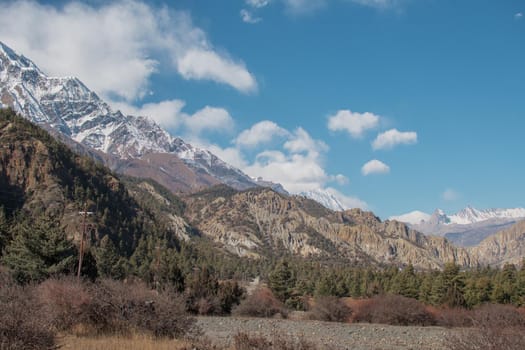 Mountains trekking Annapurna circuit, Marshyangdi river valley, Humde, Himalaya, Nepal, Asia