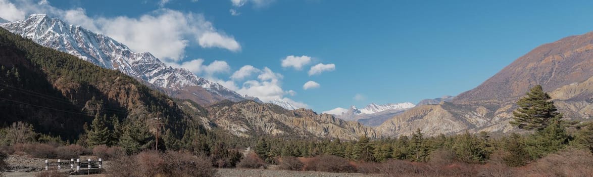 Panorama of mountains trekking Annapurna circuit, Marshyangdi river valley, Humde, Himalaya, Nepal, Asia