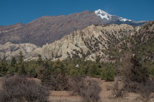 Mountains trekking Annapurna circuit, Marshyangdi river valley, Humde, Himalaya, Nepal, Asia