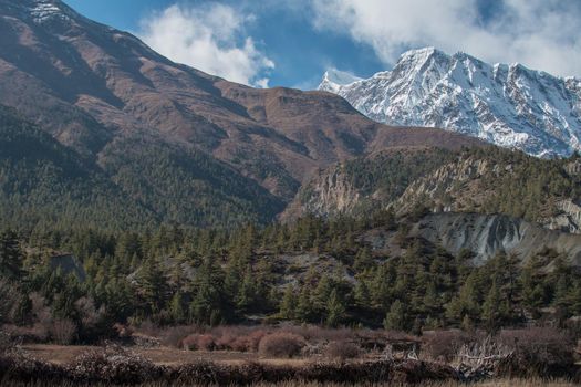 Mountains trekking Annapurna circuit, Marshyangdi river valley, Humde, Himalaya, Nepal, Asia