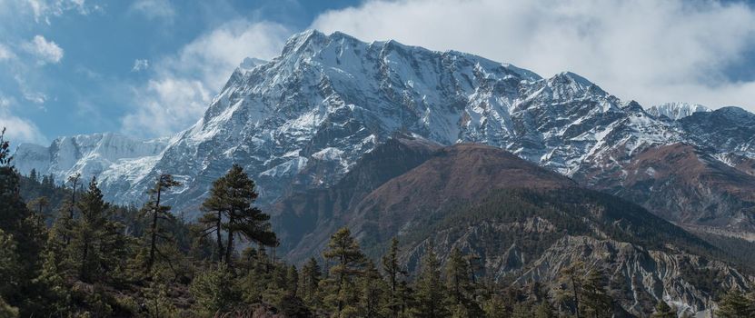 Panorama of mountains trekking Annapurna circuit, Marshyangdi river valley, Humde, Himalaya, Nepal, Asia